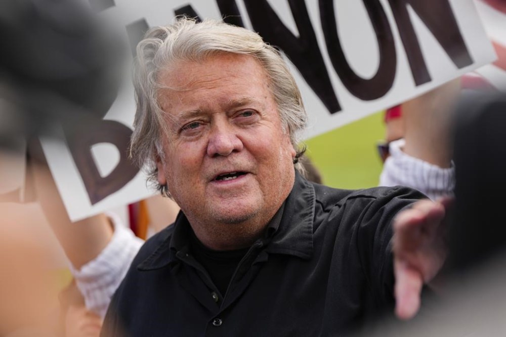 FILE - Steve Bannon speaks outside Danbury Federal Correctional Institution, July 1, 2024, in Danbury, Conn. (AP Photo/Julia Nikhinson, file)