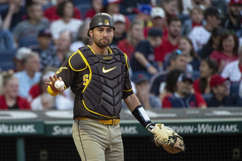 FILE - San Diego Padres' Kyle Higashioka reacts after catching a pop foul by Cleveland Guardians' Will Brennan during the fifth inning of a baseball game in Cleveland, July 19, 2024. Higashioka received a replica of the Congressional Gold Medal awarded to his grandfather’s World War II unit Monday, July 22, 2024, at a ceremony at the National Museum of the United States Army. (AP Photo/Phil Long, File)