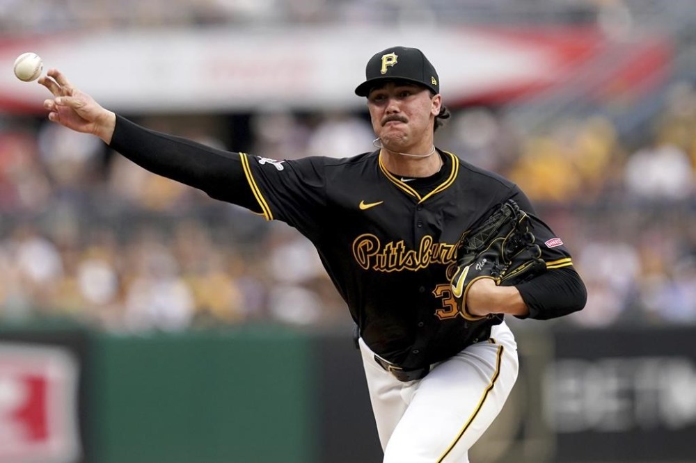 Pittsburgh Pirates starting pitcher Paul Skenes delivers during the second inning of a baseball game against the St. Louis Cardinals, Tuesday, July 23, 2024, in Pittsburgh. (AP Photo/Matt Freed)