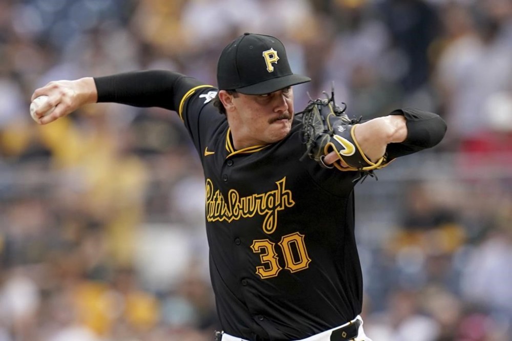 Pittsburgh Pirates starting pitcher Paul Skenes delivers during the first inning of a baseball game against the St. Louis Cardinals, Tuesday, July 23, 2024, in Pittsburgh. (AP Photo/Matt Freed)