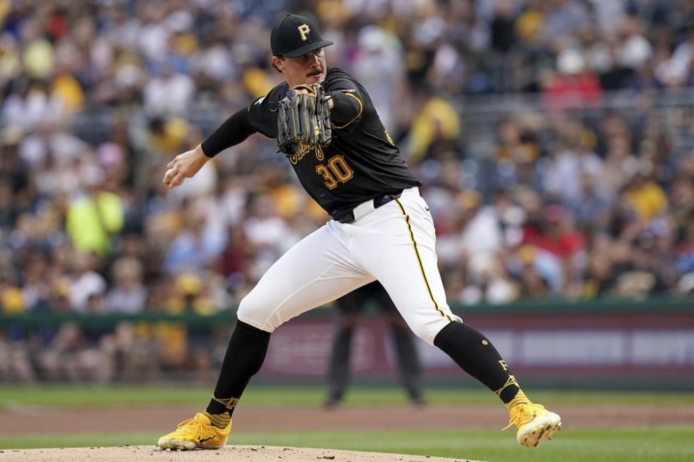 Pittsburgh Pirates starting pitcher Paul Skenes delivers during the first inning of a baseball game against the St. Louis Cardinals, Tuesday, July 23, 2024, in Pittsburgh. (AP Photo/Matt Freed)