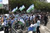 Uzbekistan supporters gather ahead of the men's group C match between Uzbekistan and Spain at the Parc des Princes during the 2024 Summer Olympics, Wednesday, July 24, 2024, in Paris, France. (AP Photo/Aurelien Morissard)
