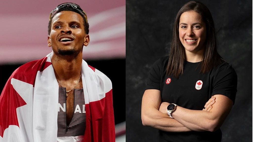 Decorated sprinter Andre De Grasse and Olympic weightlifting champion Maude Charron, shown in these recent file photos, will carry Canada's flag into the opening ceremonies of the 2024 Olympic Games in Paris on Friday. THE CANADIAN PRESS/Frank Gunn, Christinne Muschi