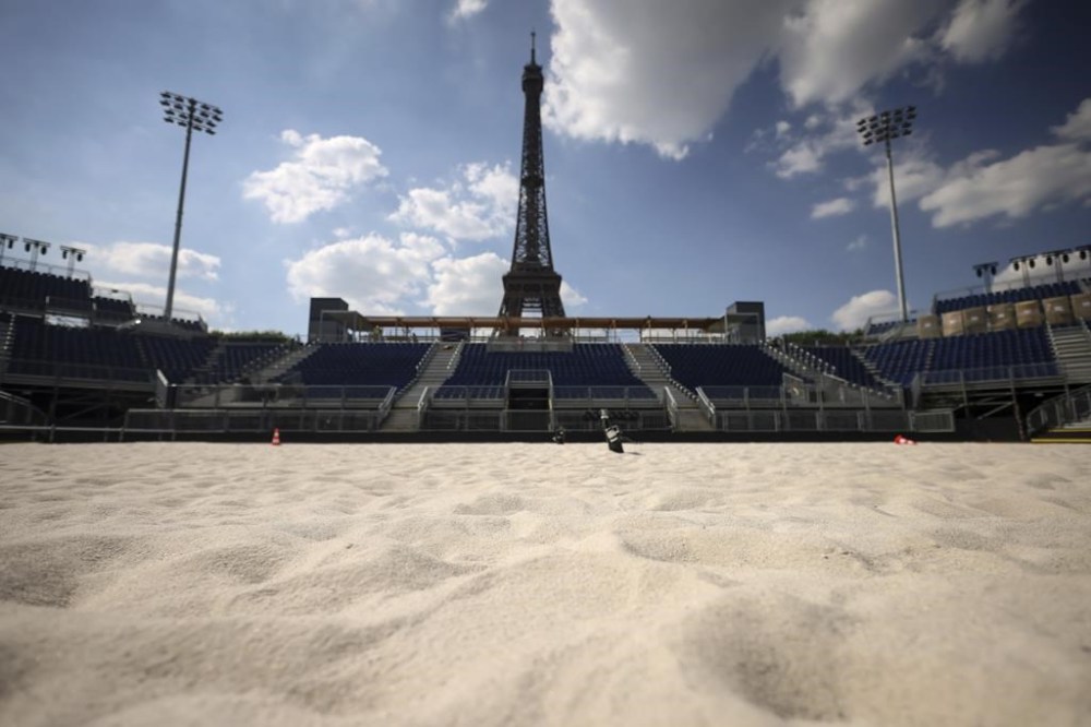 A view of the Beach Volleyball court at the Eiffel Tower stadium, Tuesday, June 25, 2024 in Paris. (AP Photo/Thomas Padilla)