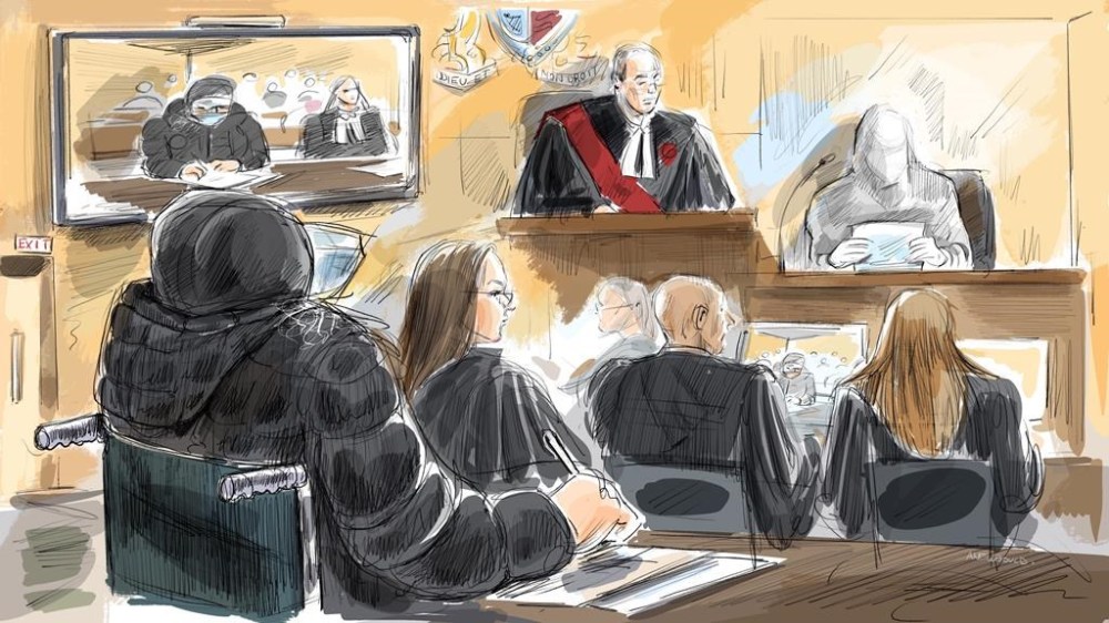 Former fashion mogul Peter Nygard, Gerri Wiebe, Justice Robert Goldstein, Neville Golwalla, Ana Serban, witness anonymous are shown in this courtroom sketch in Toronto on Wednesday July 24, 2024. One of the women sexually assaulted by Nygard teared up in court Wednesday as she described how the attack decades ago