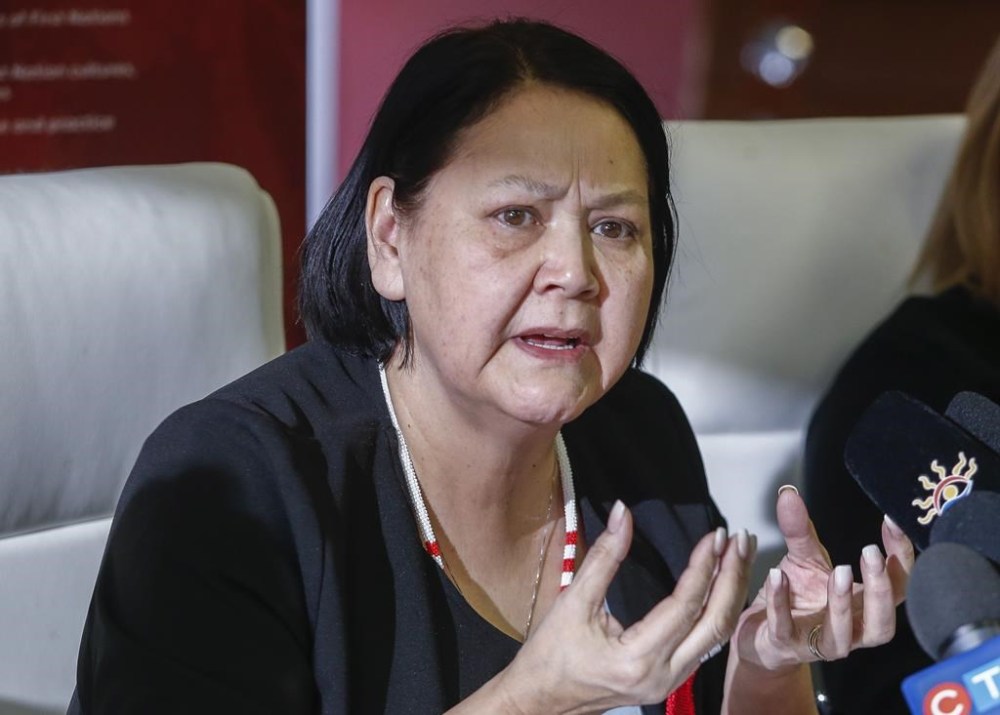 Cathy Merrick, Grand Chief of the Assembly of Manitoba Chiefs, speaks to media in Winnipeg, Manitoba, Friday, February 10, 2023. First Nations chiefs in Manitoba have voted to keep Merrick as the leader of the organization that represents the majority of First Nations in the province. THE CANADIAN PRESS/John Woods