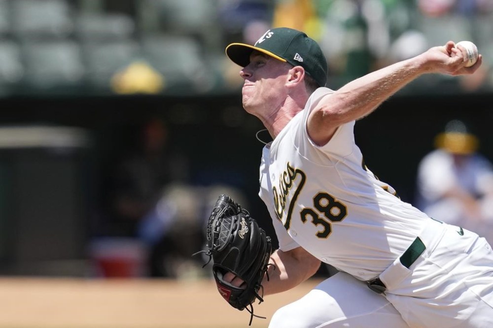 Oakland Athletics' JP Sears pitches to a Houston Astros batter during the sixth inning of a baseball game Wednesday, July 24, 2024, in Oakland, Calif. (AP Photo/Godofredo A. Vásquez)
