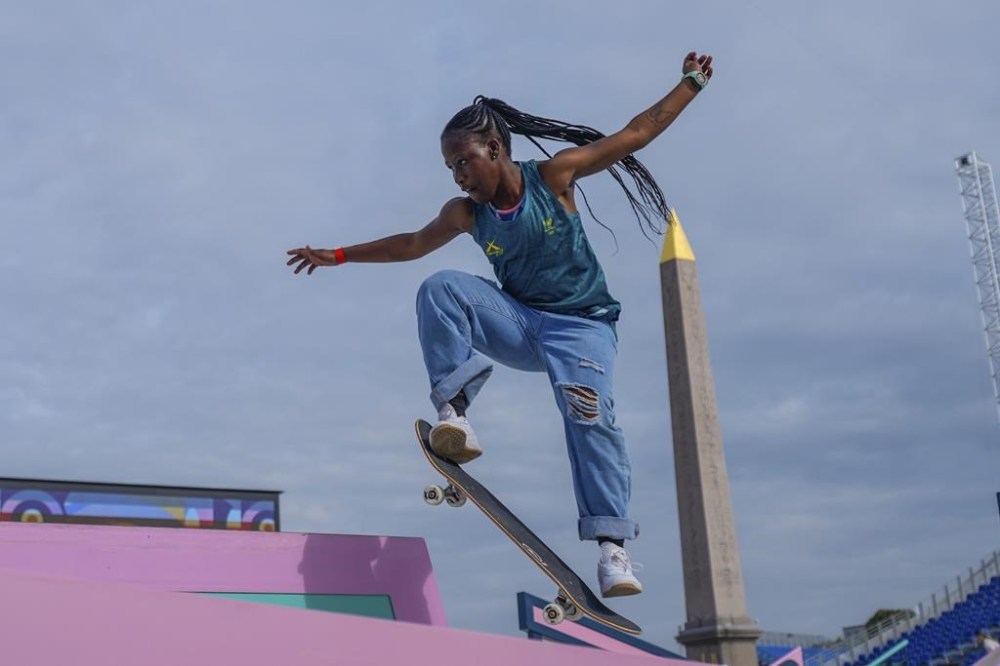 South Africa's Boipelo Awuah gets acquainted with the street skateboarding course during a women's practice session ahead of the 2024 Summer Olympics, Thursday, July 25, 2024, in Paris, France. (AP Photo/Frank Franklin II)