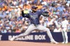 Tampa Bay Rays pitcher Taj Bradley (45) throws during first inning American League MLB baseball action against the Toronto Blue Jays in Toronto on Thursday, July 25, 2024. THE CANADIAN PRESS/Chris Young