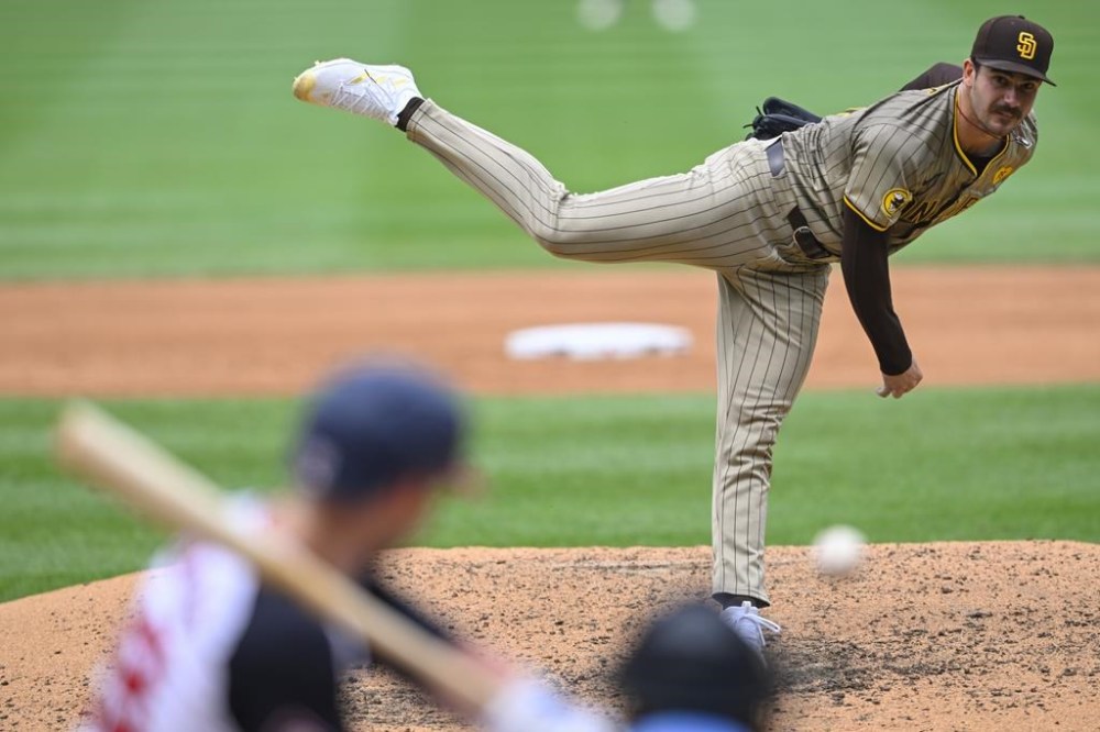 San Diego Padres starting pitcher Dylan Cease throws during the seventh inning of a no-hitter baseball game against the Washington Nationals, Thursday, July 25, 2024, in Washington. (AP Photo/John McDonnell)