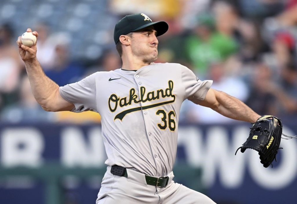 Oakland Athletics pitcher Ross Stripling throws during the first inning of a baseball game against the Oakland Athletics, Thursday, July 25, 2024, in Anaheim, Calif. (AP Photo/John McCoy)