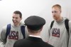 Team USA basketball athletes, Mitch Hahn, right, and Jimmer Fredette, talk with people before departing for the Paris Summer Olympic games, on Wednesday, July 17, 2024, in Atlanta. (AP Photo/Brynn Anderson)