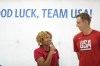 Team USA basketball athlete, Canyon Barry, talks with people before departing from the airport on Wednesday, July 17, 2024, in Atlanta. (AP Photo/Brynn Anderson)