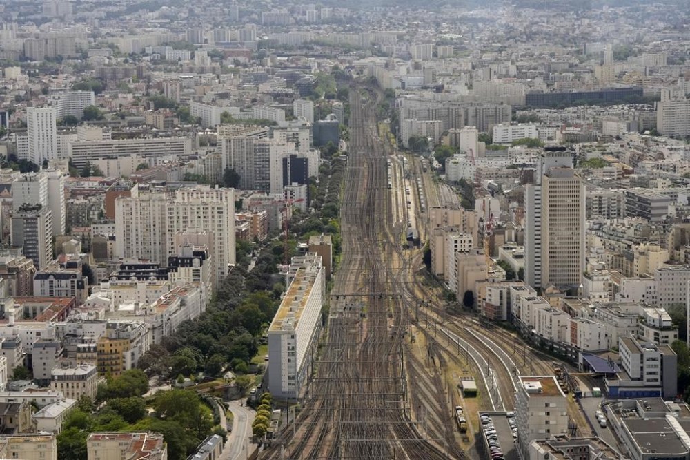 Train tracks are pictured at the Gare Montparnasse in Paris, France, during the 2024 Summer Olympics, Thursday, July 25, 2024. (AP Photo/Martin Meissner)