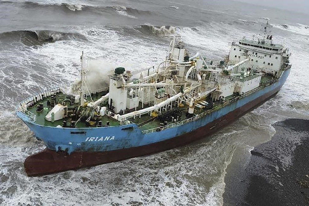 In this photo released on Friday, July 26, 2024 by the Pingtung County Government, the Indonesia cargo ship Iriana is seen beached in the aftermath of Typhoon Gaemi near the coast of Pingtung county in southern Taiwan. (Pingtung County Government via AP)
