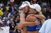FILE - Kristen Nuss, left, and Taryn Kloth, of the United States, celebrate after beating Mariafe Artacho Del Solar and Taliqua Clancy, of Australia during the women's Beach Volleyball World Cup third place match in Tlaxcala, Mexico, Sunday, Oct. 15, 2023. (AP Photo/Fernando Llano, File)