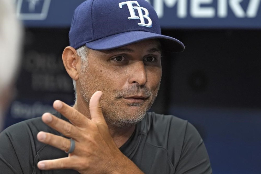 Tampa Bay Rays manager Kevin Cash speaks to the media before a baseball game against the Cincinnati Reds Friday, July 26, 2024, in St. Petersburg, Fla. Cash was commenting on the trade that sent Rays outfielder Randy Arozarena to the Seattle Mariners. (AP Photo/Christopher O'Meara)