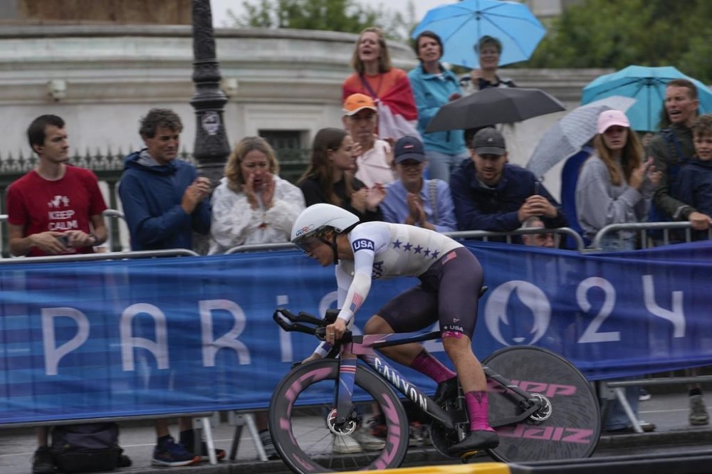 Chloe Dygert, of United States, competes in the women's cycling time trial event, at the 2024 Summer Olympics, Saturday, July 27, 2024, in Paris, France. (AP Photo/Dar Yasin)