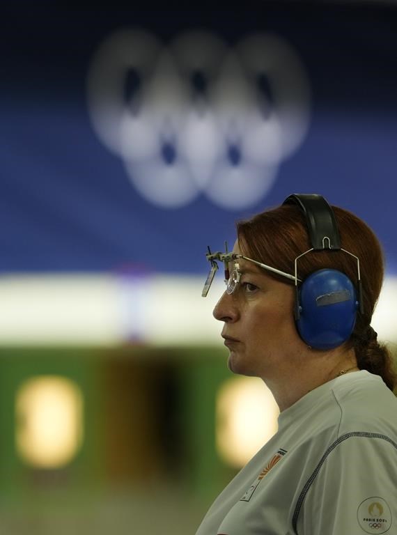 Georgia's Nino Salukvadze competes during the 10m air pistol women's qualification round at the 2024 Summer Olympics, Saturday, July 27, 2024, in Chateauroux, France. (AP Photo/Manish Swarup)