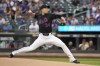 New York Mets' Kodai Senga pitches during the first inning of a baseball game against the Atlanta Braves, Friday, July 26, 2024, in New York. (AP Photo/Pamela Smith)