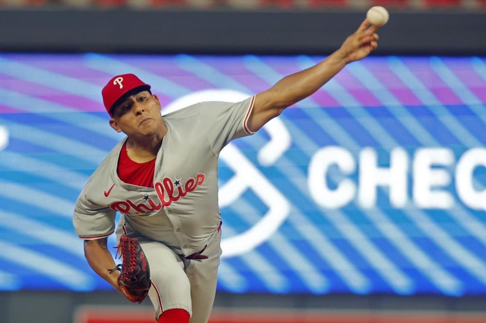 Philadelphia Phillies starting pitcher Ranger Suarez throws to the Minnesota Twins in the third inning of a baseball game Monday, July 22, 2024, in Minneapolis. (AP Photo/Bruce Kluckhohn)