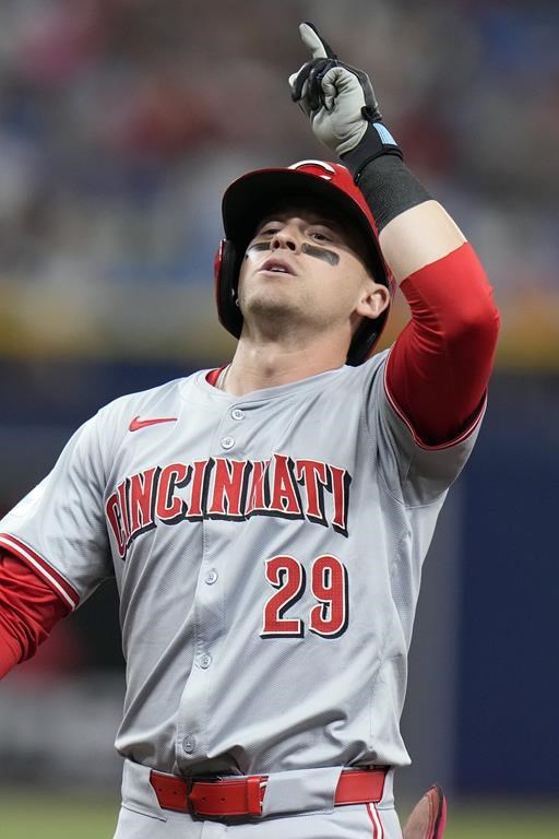 Cincinnati Reds' TJ Friedl (29) celebrates his single off Tampa Bay Rays starting pitcher Zack Littell during the fourth inning of a baseball game Saturday, July 27, 2024, in St. Petersburg, Fla. (AP Photo/Christopher O'Meara)