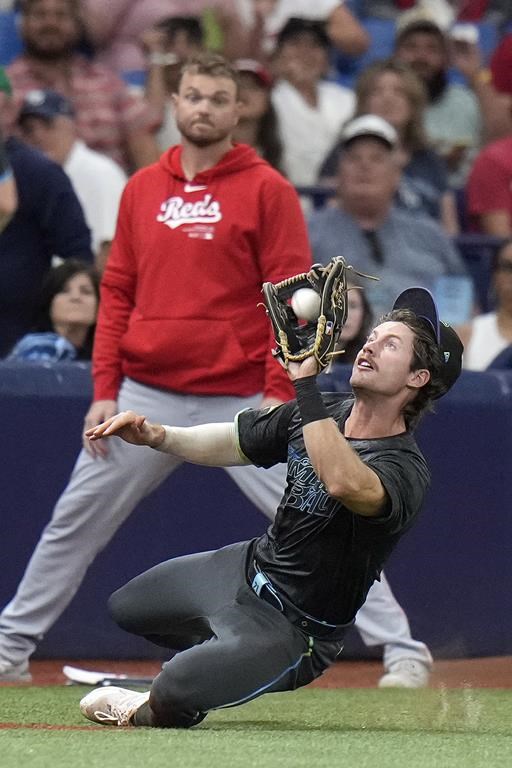 Tampa Bay Rays left fielder Jonny DeLuca makes a sliding catch on a flyout by Cincinnati Reds' Jake Fraley during the third inning of a baseball game Saturday, July 27, 2024, in St. Petersburg, Fla. (AP Photo/Christopher O'Meara)
