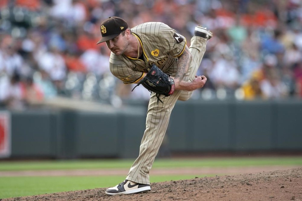 San Diego Padres relief pitcher Logan Gillaspie (71) throws during the eighth inning of a baseball game against Baltimore Orioles, Saturday, July 27, 2024, in Baltimore. (AP Photo/Jose Luis Magana)