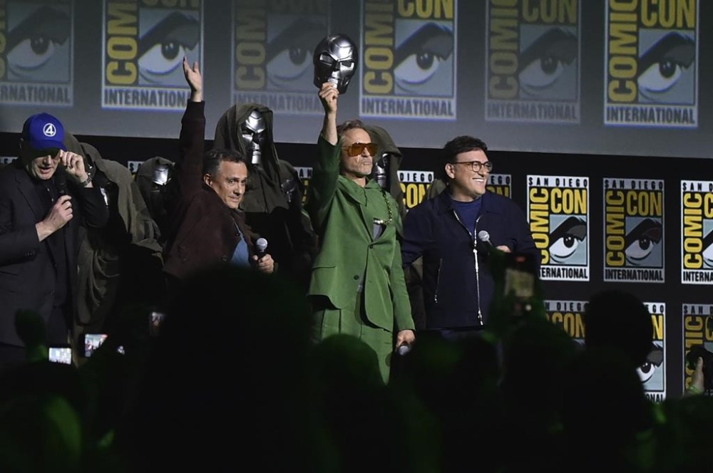 Kevin Feige, from left, Joe Russo, Robert Downey Jr., and Anthony Russo attend a panel for