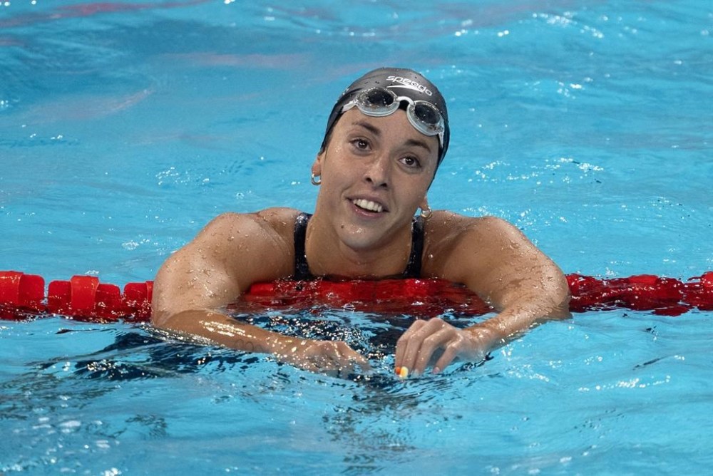 Swimmer Mary-Sophie Harvey, from Trois-Rivieres, Que. smiles following her race in a women's 200m freestyle heat at the Summer Olympics, Sunday, July 28, 2024 in Paris, France. THE CANADIAN PRESS/Adrian Wyld