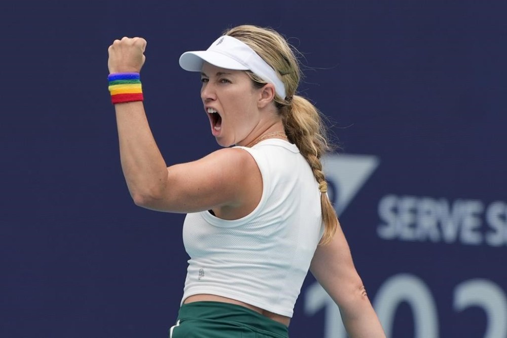 FILE - Danielle Collins reacts after winning a point against Caroline Garcia, of France, during the Miami Open tennis tournament, Wednesday, March 27, 2024, in Miami Gardens, Fla. (AP Photo/Lynne Sladky, File)