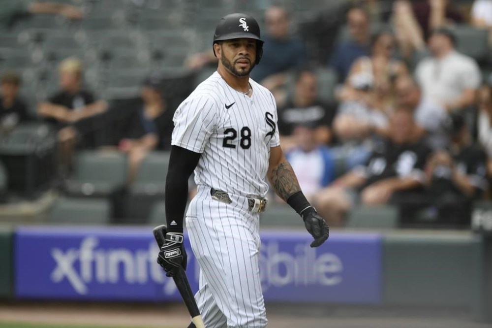 Chicago White Sox's Tommy Pham reacts after striking out during the first inning of a baseball game against the Seattle Mariners in Chicago, Sunday, July 28, 2024. (AP Photo/Paul Beaty)