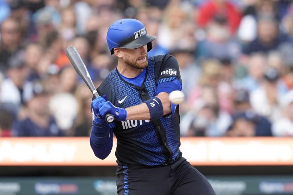 Detroit Tigers' Carson Kelly is hit by a pitch during the third inning of a baseball game against the Minnesota Twins, Friday, July 26, 2024, in Detroit. (AP Photo/Carlos Osorio)