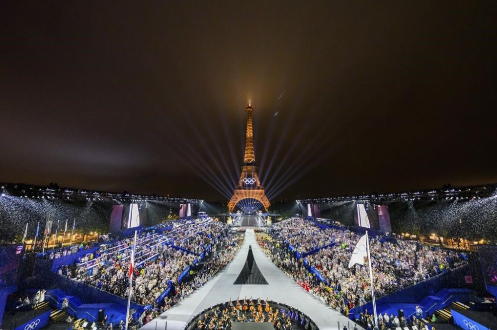 An overview of the Trocadero venue with the Eiffel Tower in the background, in Paris, during the opening ceremony of the 2024 Summer Olympics, Friday, July 26, 2024. (Francois-Xavier Marit/Pool Photo via AP)