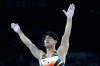 Daiki Hashimoto, of Japan, celebrates after performing on the pommel horse during the men's artistic gymnastics team finals round at Bercy Arena at the 2024 Summer Olympics, Monday, July 29, 2024, in Paris, France. (AP Photo/Francisco Seco)