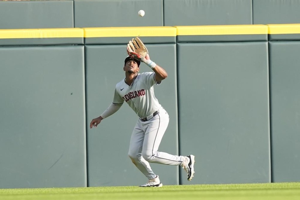 Cleveland Guardians center fielder Angel Martínez catches the fly out hit by Detroit Tigerss Colt Keith during the first inning of a baseball game, Monday, July 29, 2024, in Detroit. (AP Photo/Carlos Osorio)