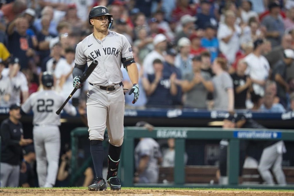 New York Yankees' Giancarlo Stanton comes up to bat during the fifth inning of a baseball game against the Philadelphia Phillies, Monday, July 29, 2024, in Philadelphia. (AP Photo/Chris Szagola)