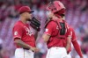 Cincinnati Reds' Frankie Montas, left, speaks with teammate Tyler Stephenson during the third inning of a baseball game against the Colorado Rockies, Wednesday, July 10, 2024, in Cincinnati. (AP Photo/Jeff Dean)