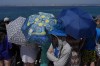 Fans use umbrella to shelter from the sun as they line the shore at the Olympic marina to see sailing boats come and go, during the 2024 Summer Olympics, Monday, July 29, 2024, in Marseille, France. (AP Photo/Carolyn Kaster)