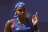 Coco Gauff of United States gestures as she plays against Donna Vekic of Croatiathe during their women's singles third round match at the Roland Garros stadium, at the 2024 Summer Olympics, Tuesday, July 30, 2024, in Paris, France. (AP Photo/Andy Wong)