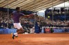 Felix Auger-Aliassime of Canada in action during a quarter final match against Matteo Berrettini of Italy at the Swiss Open tennis tournament in Gstaad, Switzerland, Friday, July 19, 2024. THE CANADIAN PRESS/AP-Peter Klaunzer/Keystone via AP