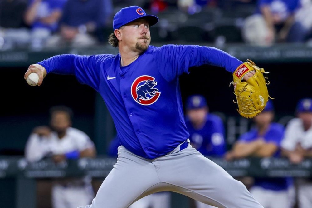 FILE - Chicago Cubs relief pitcher Mark Leiter Jr. throws during a baseball game against the Texas Rangers, Thursday, March 28, 2024 in Arlington, Texas. The New York Yankees acquired Leiter from the Cubs, Tuesday, July 30 2024, to bolster their bullpen, sending right-hander Jack Neely and infielder Ben Cowles to Chicago. (AP Photo/Gareth Patterson, File)