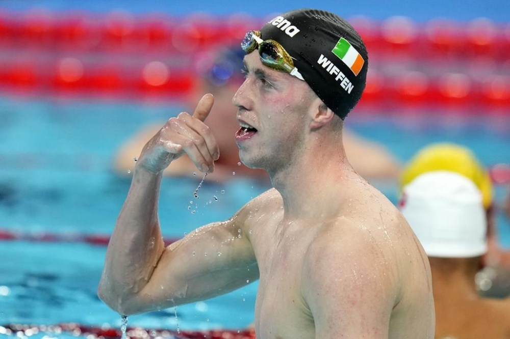 Daniel Wiffen, of Ireland, reacts after winning the men's 800-meter freestyle final at the 2024 Summer Olympics, Tuesday, July 30, 2024, in Nanterre, France. (AP Photo/Petr David Josek)