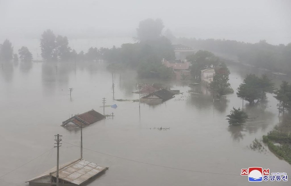 This undated photo provided on Wednesday, July 31, 2024 by the North Korean government, shows a flood-hit area in Sinuiju city, North Phyongan province, North Korea. Independent journalists were not given access to cover the event depicted in this image distributed by the North Korean government. The content of this image is as provided and cannot be independently verified. Korean language watermark on image as provided by source reads: