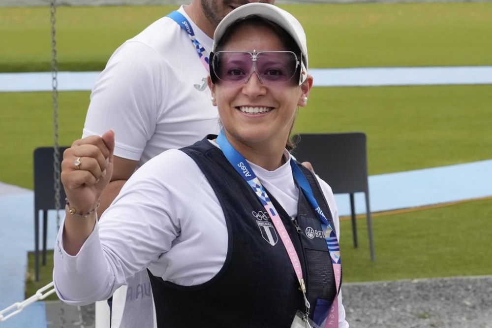 Guatemala athlete Adriana Olive Ruano leaves after completing Trap women qualification round, in Chateauroux, France, at the 2024 Summer Olympics, Wednesday, July 31, 2024. (AP Photo/Manish Swarup)