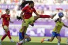 Spain's Salma Paralluelo stretches for a ball during a women's Group C soccer match between Brazil and Spain, at Bordeaux Stadium, during the 2024 Summer Olympics, Wednesday, July 31, 2024, in Bordeaux, France. (AP Photo/Moises Castillo)