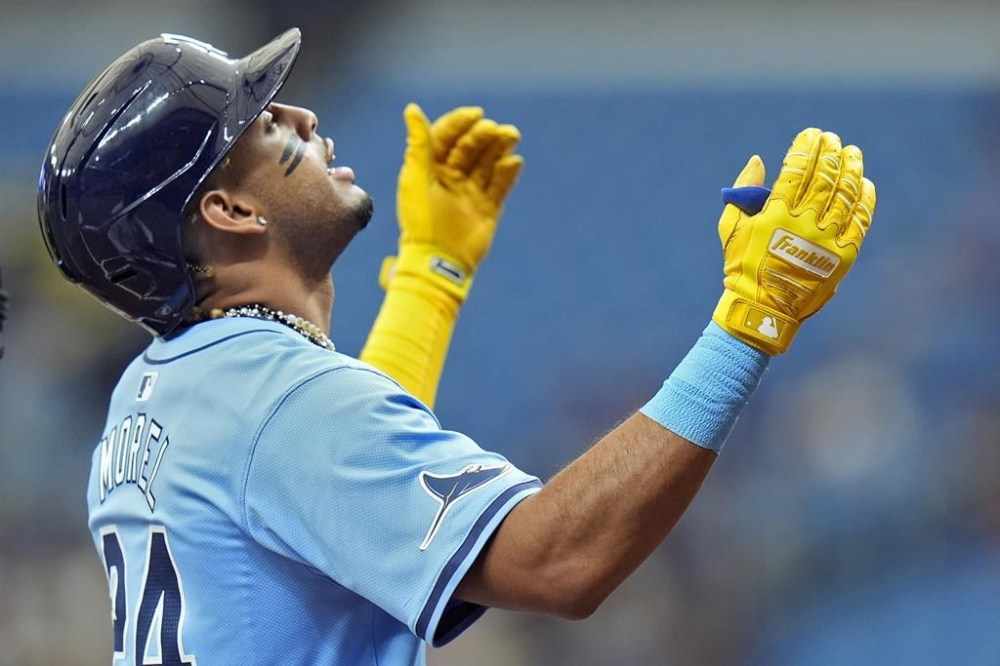 Tampa Bay Rays' Christopher Morel celebrates his solo home run off Miami Marlins pitcher Roddery Munoz during the first inning of a baseball game Wednesday, July 31, 2024, in St. Petersburg, Fla. (AP Photo/Christopher O'Meara)