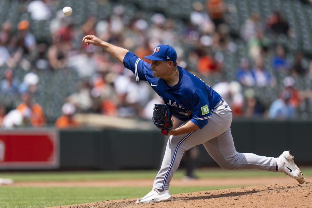 Toronto Blue Jays starting pitcher Paolo Espino (52) delivers during the fourth inning of a baseball game against the Baltimore Orioles, Wednesday, July 31, 2024, in Baltimore. (AP Photo/Stephanie Scarbrough)