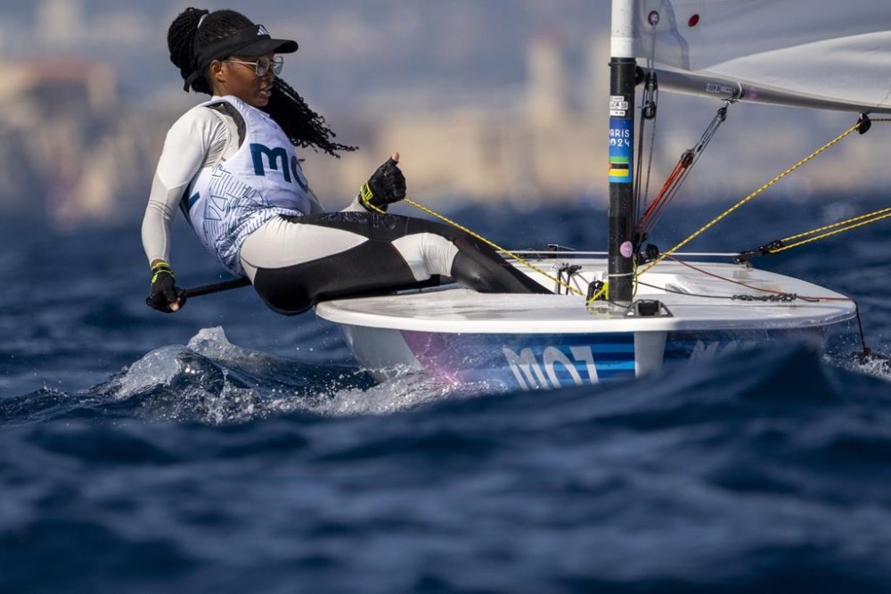 Mozambique's Deizy Nhaquile competes in a women's dinghy race, Thursday, Aug. 1, 2024, during the 2024 Summer Olympics in Marseille, France. (AP Photo/Jacquelyn Martin)