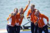 Netherland's Hermijntje Drenth, Marloes Oldenburg, Tinka Offereins and Benthe Boonstra pose with the gold medal in the women's four final at the 2024 Summer Olympics, Thursday, Aug. 1, 2024, in Vaires-sur-Marne, France. (AP Photo/Ebrahim Noroozi)